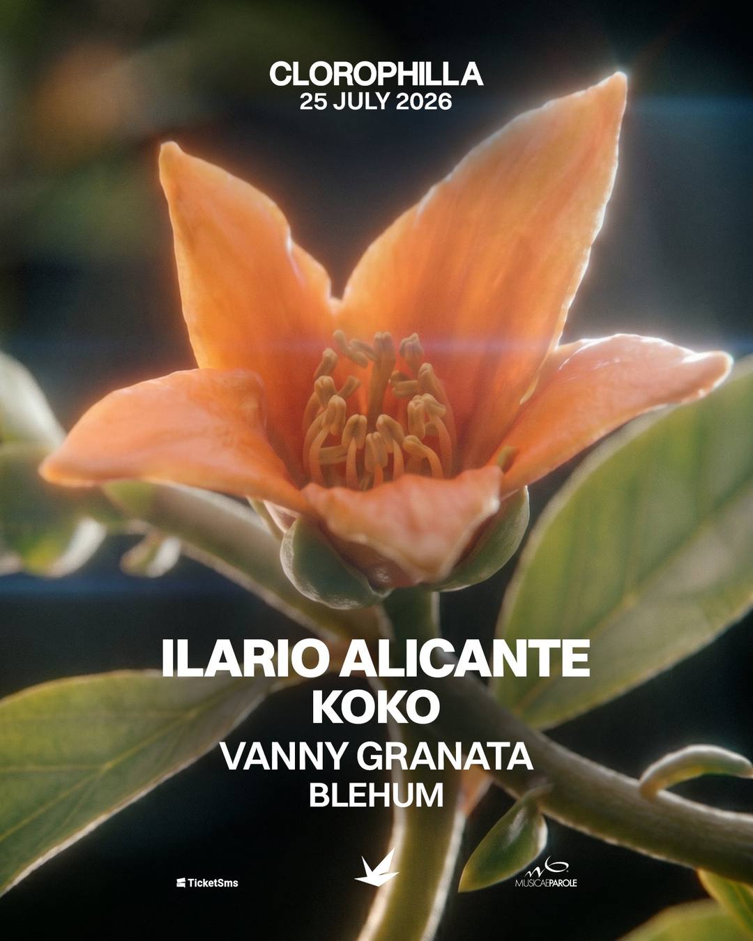 Poster del 25 luglio: un fiore arancio in primo piano, con il lineup in bianco.